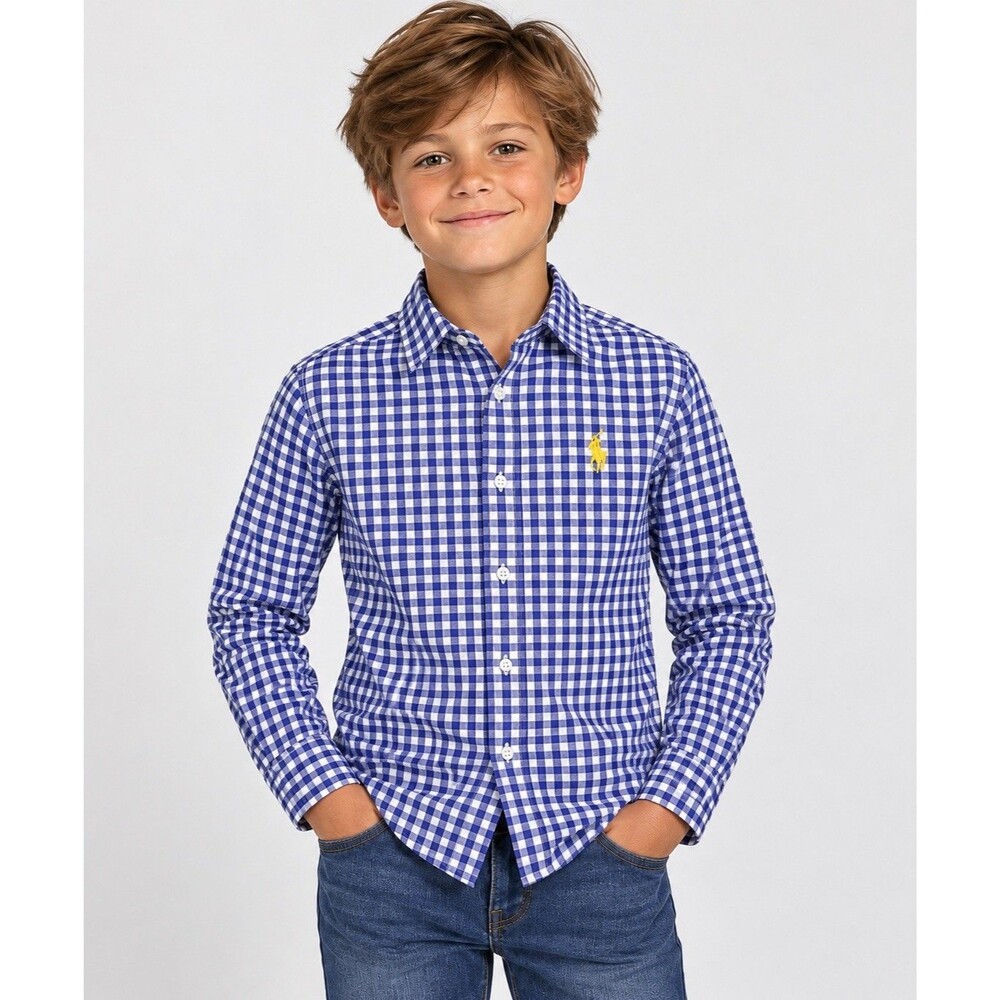 Polo Ralph Lauren Boys Size 8 Blue White Gingham Check Long Sleeve Button Shirt